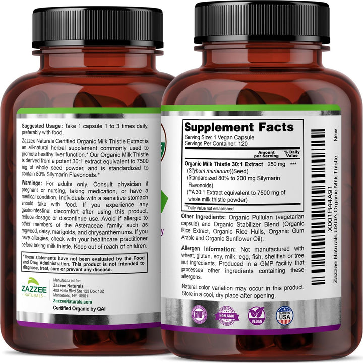 Zazzee Organic Milk Thistle 30:1 Extract - 80% Silymarin Liver Support (120 Vegan Caps)