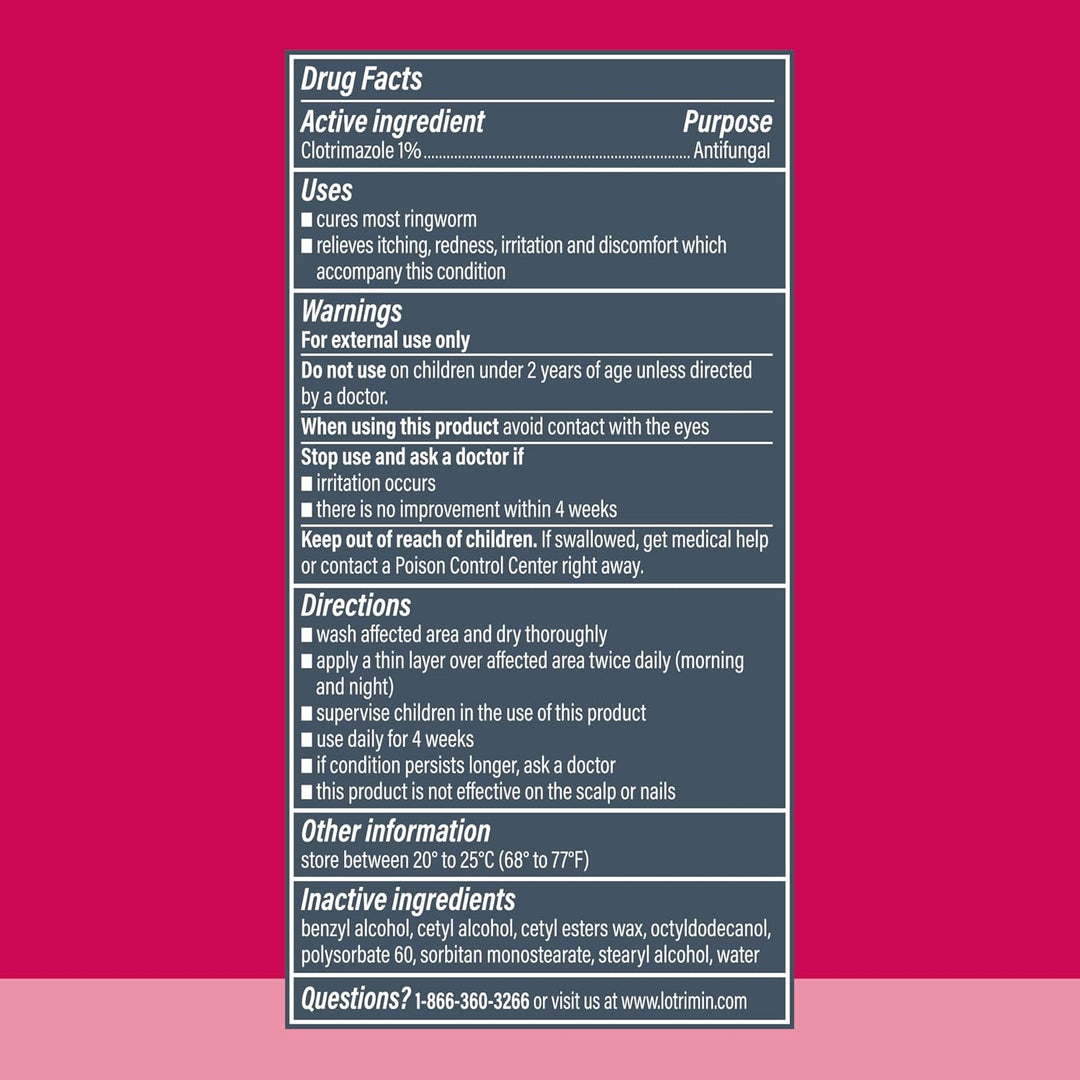 Drug facts label for an antifungal product on a pink background