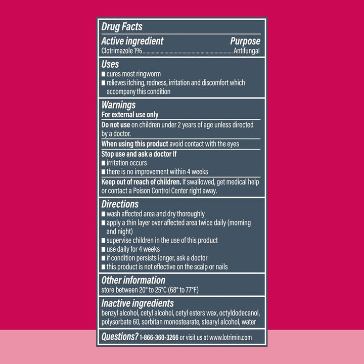 Drug facts label for an antifungal product on a pink background