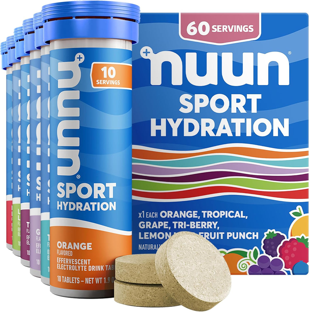 Nuun Sport Hydration packets with colorful packaging and drink tablets on a white background