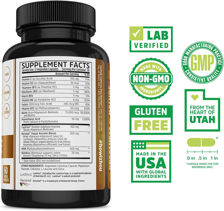 Zhou Hairfluence Hair Growth Vitamins 60 Veg Capsules | Hair Skin & Nails Supplement