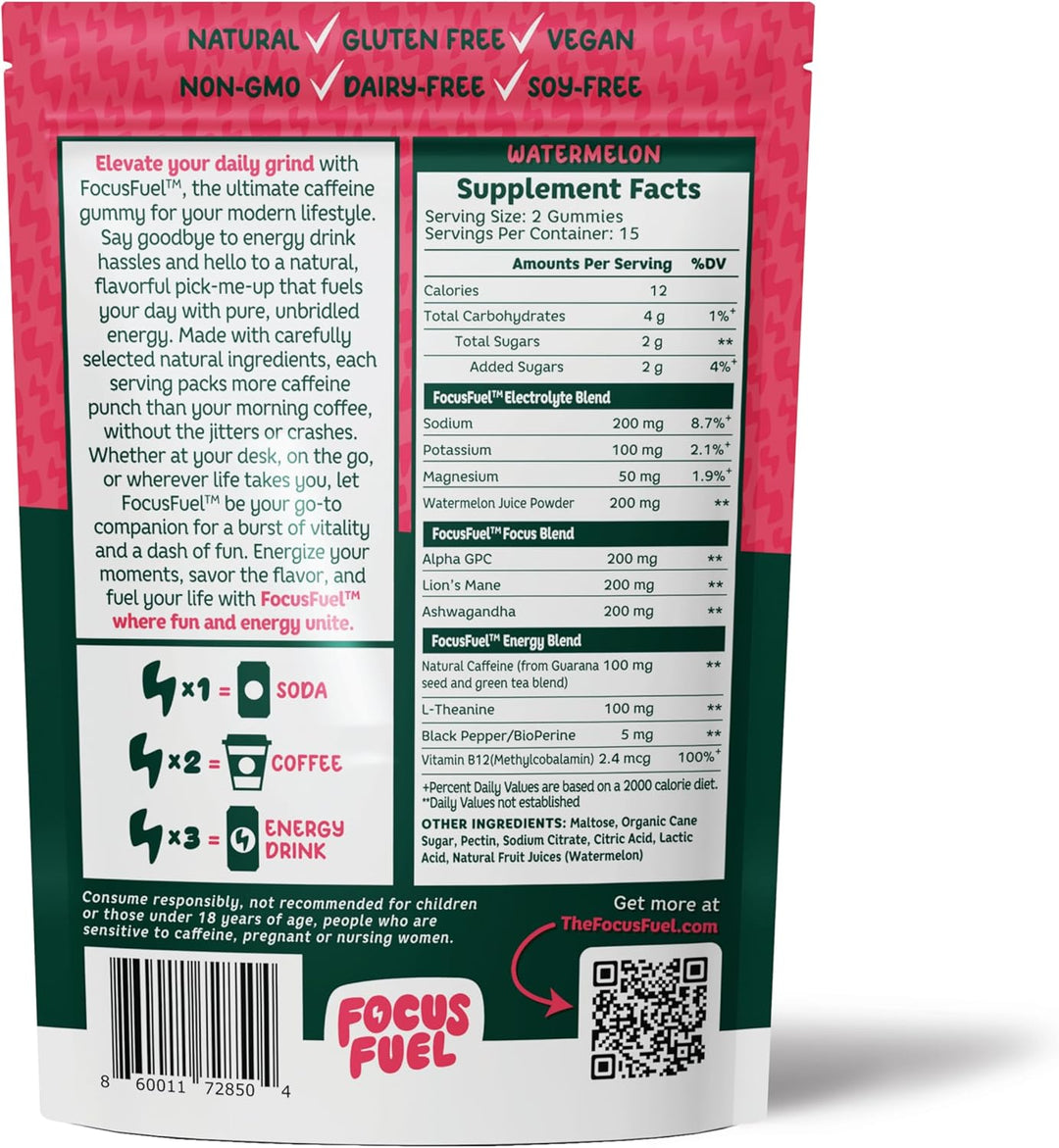 Energy Chews – Watermelon Flavor, 15 Servings, Natural Caffeine, L-Theanine, B12 & Magnesium – Sugar-Free, Portable Energy Supplement
