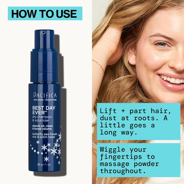 Pacifica Best Day Ever Dry Shampoo Powder – Waterless Hair Refresh & Oil Absorber – Adds Volume & Texture – Non-Aerosol, Vegan, Cruelty-Free – 1.4 oz