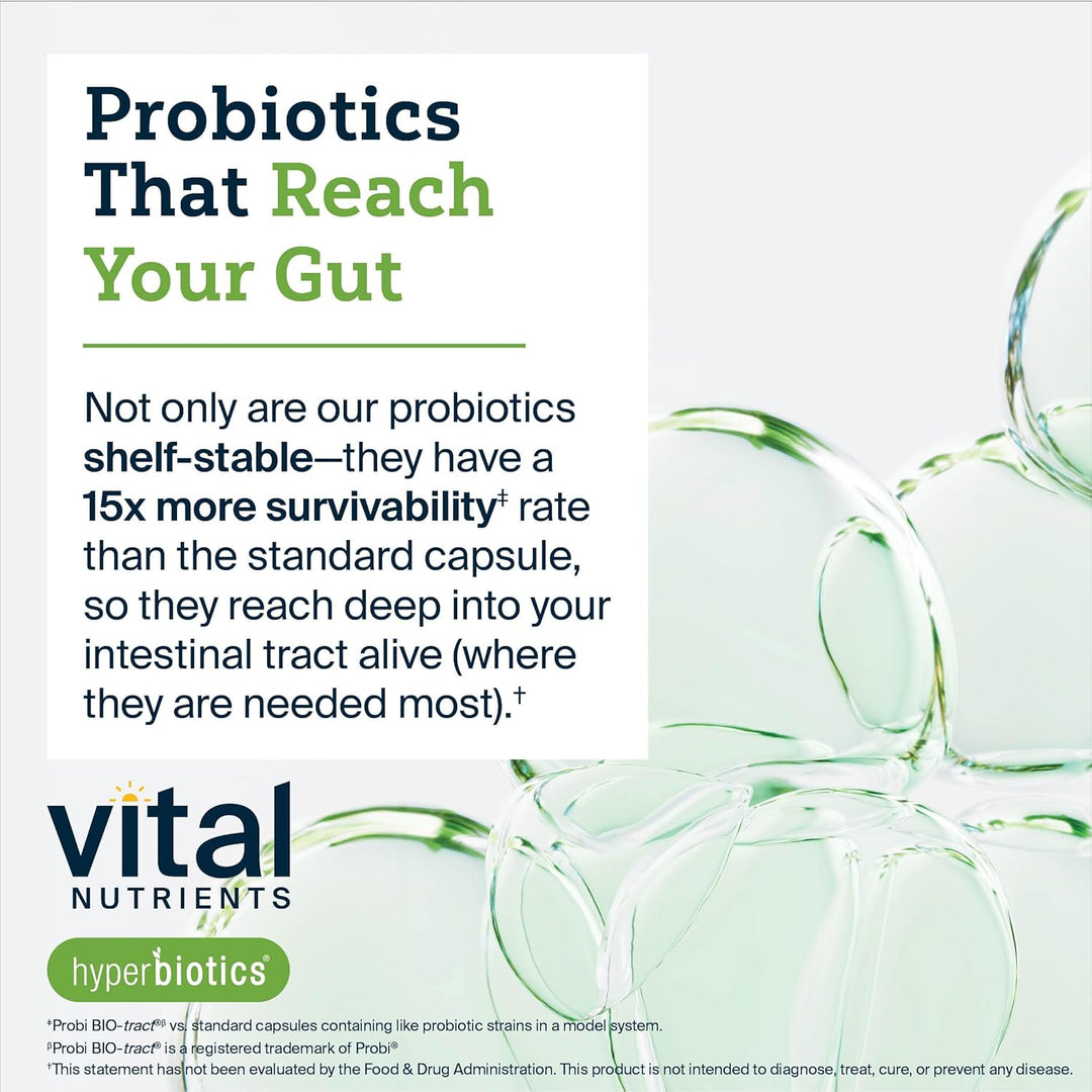 Advertisement for Vital Nutrients hyperbiotics with probiotic capsules and text about shelf-stability and survivability.