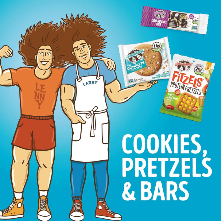 Cartoon characters holding protein product packages with text 'Cookies, Pretzels & Bars' on a blue background.