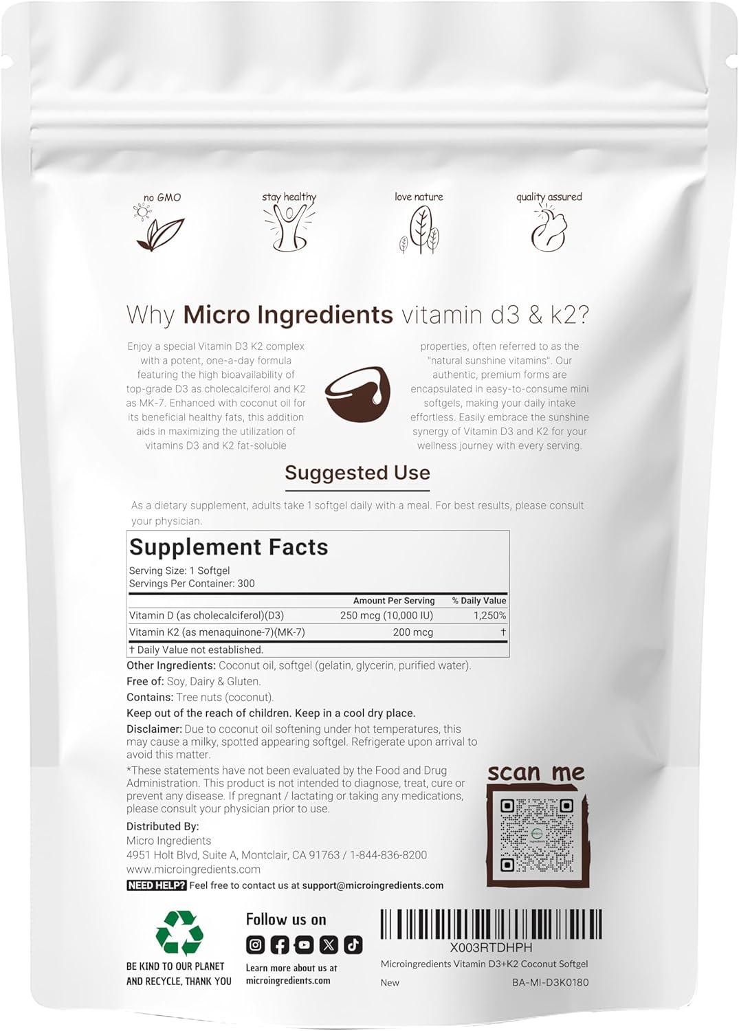 Micro Ingredients Vitamin D3 + K2 Softgels | Made with Virgin Coconut Oil | Non-GMO
