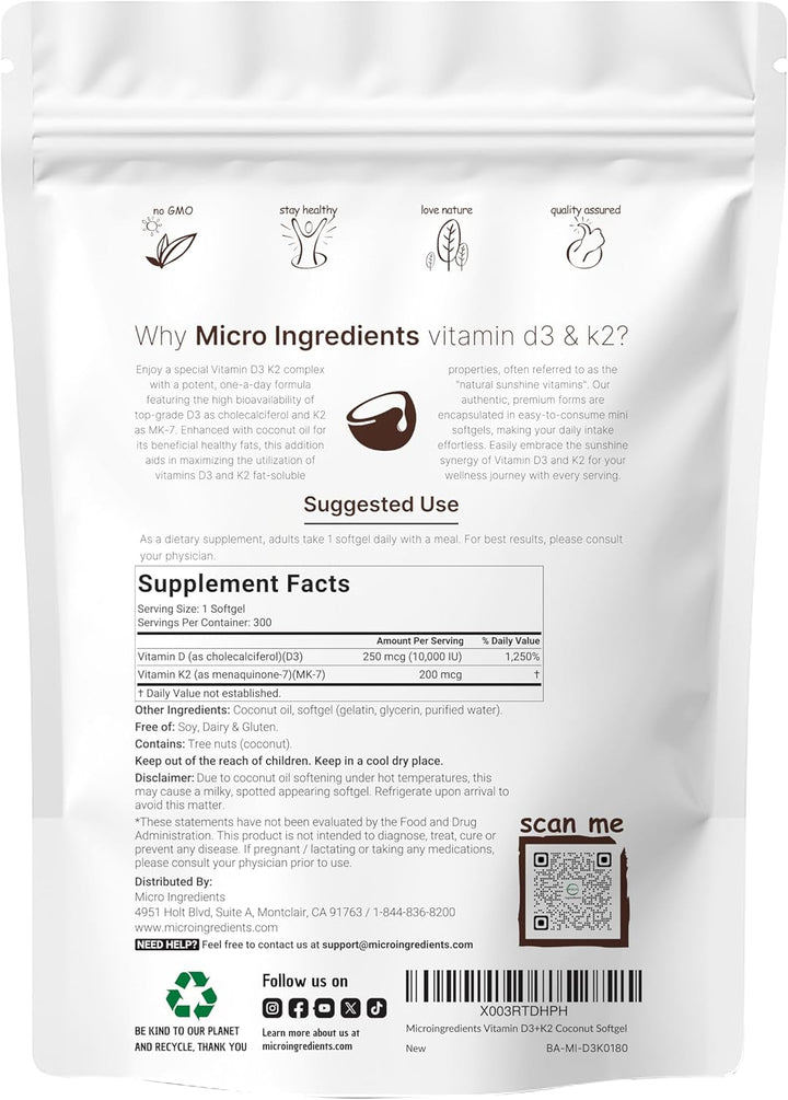 Micro Ingredients Vitamin D3 + K2 Softgels | Made with Virgin Coconut Oil | Non-GMO