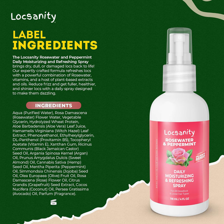 Locsanity Rosewater & Peppermint Daily Moisturizing Spray – Hydrating Scalp & Hair Spray for Dreadlocks, Braids, and Protective Styles – 4oz
