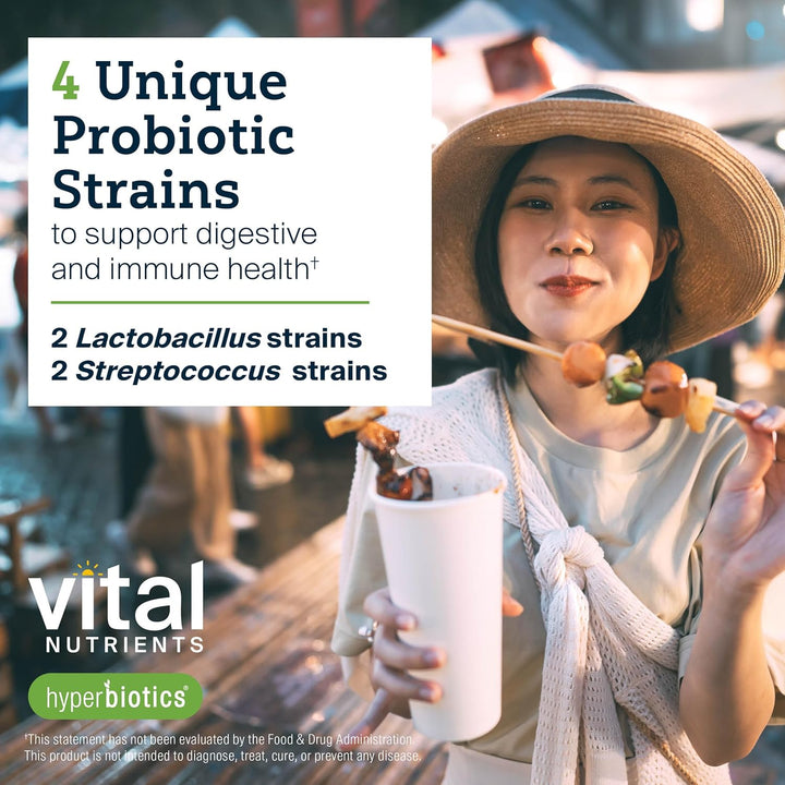Woman enjoying a skewer of food outdoors with text about probiotic strains and Vital Nutrients branding.