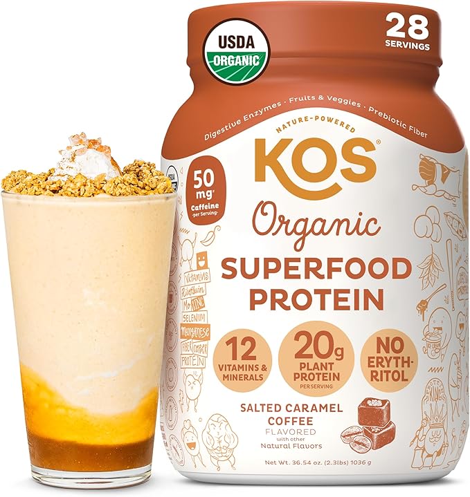 KOS Vegan Protein Powder, Organic Pea Protein Blend, Erythritol-Free, Plant-Based Superfood, 28 Servings