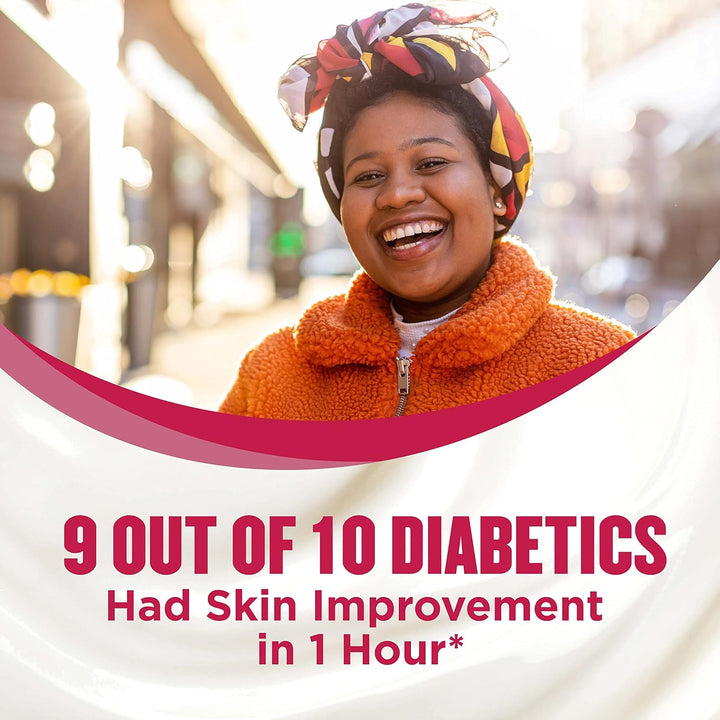 Woman wearing a colorful headscarf and orange coat with text about diabetes skin improvement.