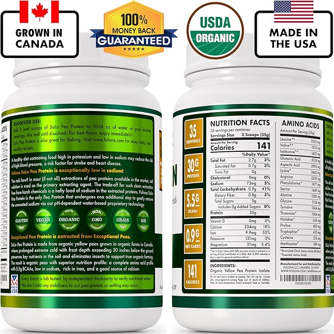 SOLO Organic Pea Protein Isolate – 100% Vegan, Non-GMO, Low Sodium Plant-Based Protein Powder, Unflavored, Keto & Paleo Friendly, 2.7 lbs