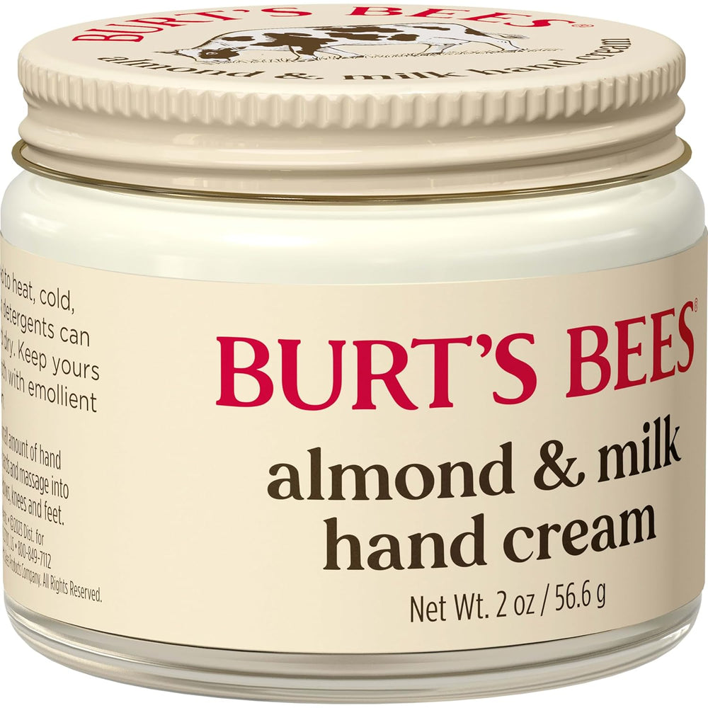 Jar of Burt's Bees almond & milk hand cream on a white background