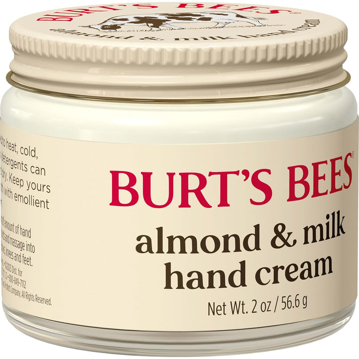 Jar of Burt's Bees almond & milk hand cream on a white background