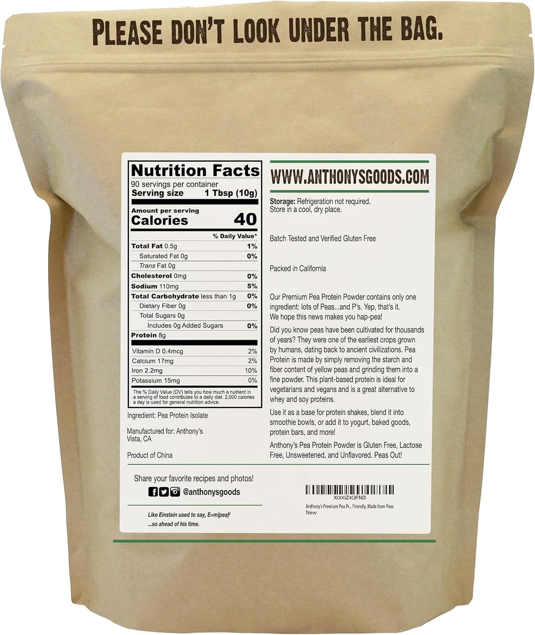 Anthony's Premium Pea Protein Isolate, Unflavored, 2 lb