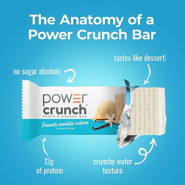 Power Crunch protein energy bar packaging with text on a blue background