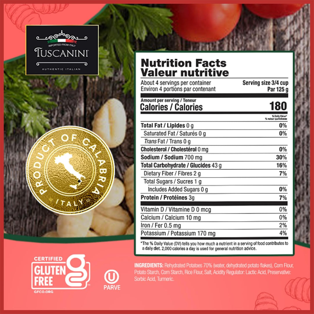 Tuscanini Gluten Free Potato Gnocchi  – Authentic Italian Pasta, Low Fat, Ready in Minutes