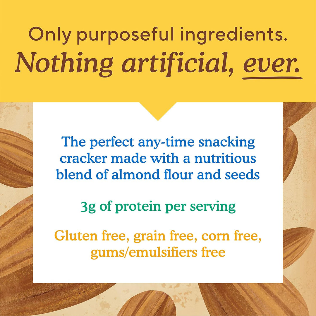 Product description card with cracker imagery and text about ingredients and benefits on a yellow background.