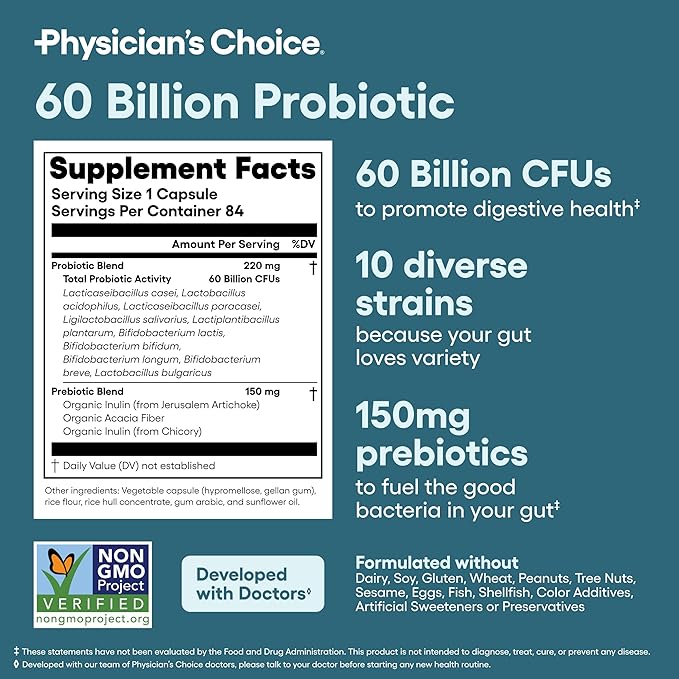 Physician's CHOICE Probiotic Supplement – 60 Billion CFU with 10 Strains & Organic Prebiotics