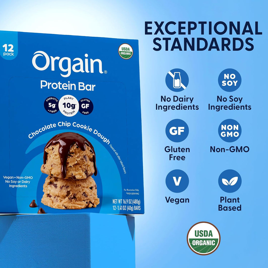 Orgain Protein Bar chocolate chip cookie dough 12-pack box on a blue background with feature callouts including no dairy ingredients, no soy ingredients, gluten free, non-GMO, vegan, plant based, and USDA organic.