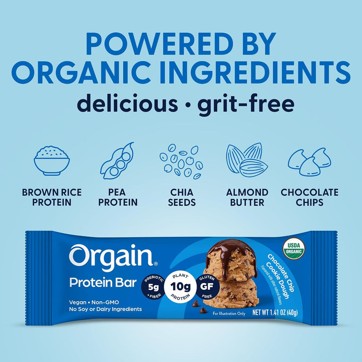 An Orgain Protein Bar package shown on a light blue background with marketing text above reading 'POWERED BY ORGANIC INGREDIENTS' and ingredient icons for brown rice protein, pea protein, chia seeds, almond butter, and chocolate chips.