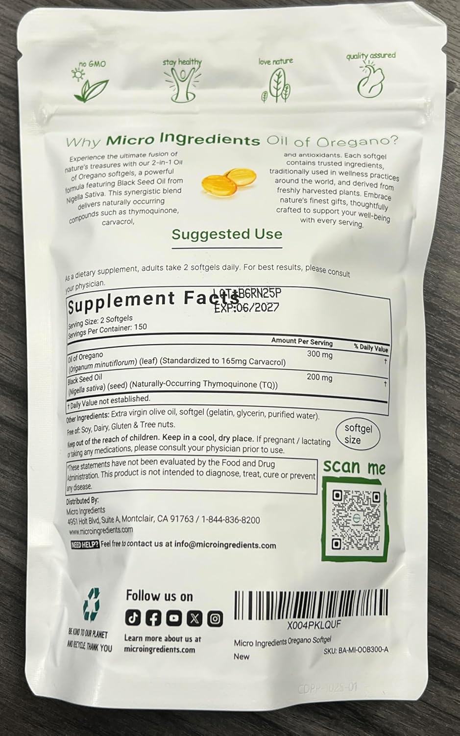 Micro Ingredients Oil of Oregano & Black Seed Oil Softgels | Plant-Based