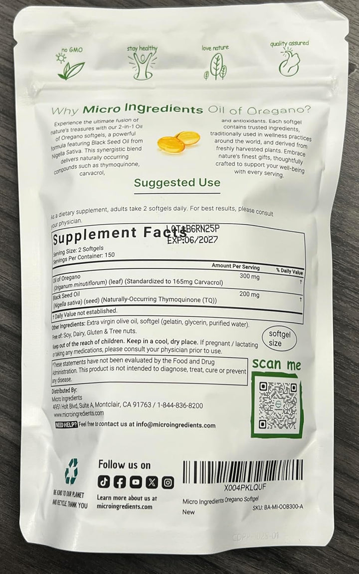 Micro Ingredients Oil of Oregano & Black Seed Oil Softgels | Plant-Based