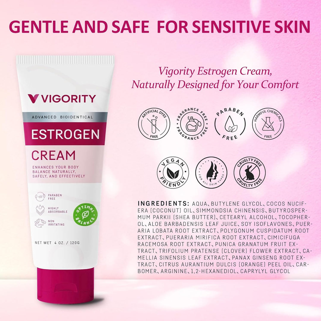 Vigority Estrogen Cream for Women – Natural Plant-Based Formula with Wild Yam, Vegan, Paraben-Free, 4 oz (3-Month Supply)