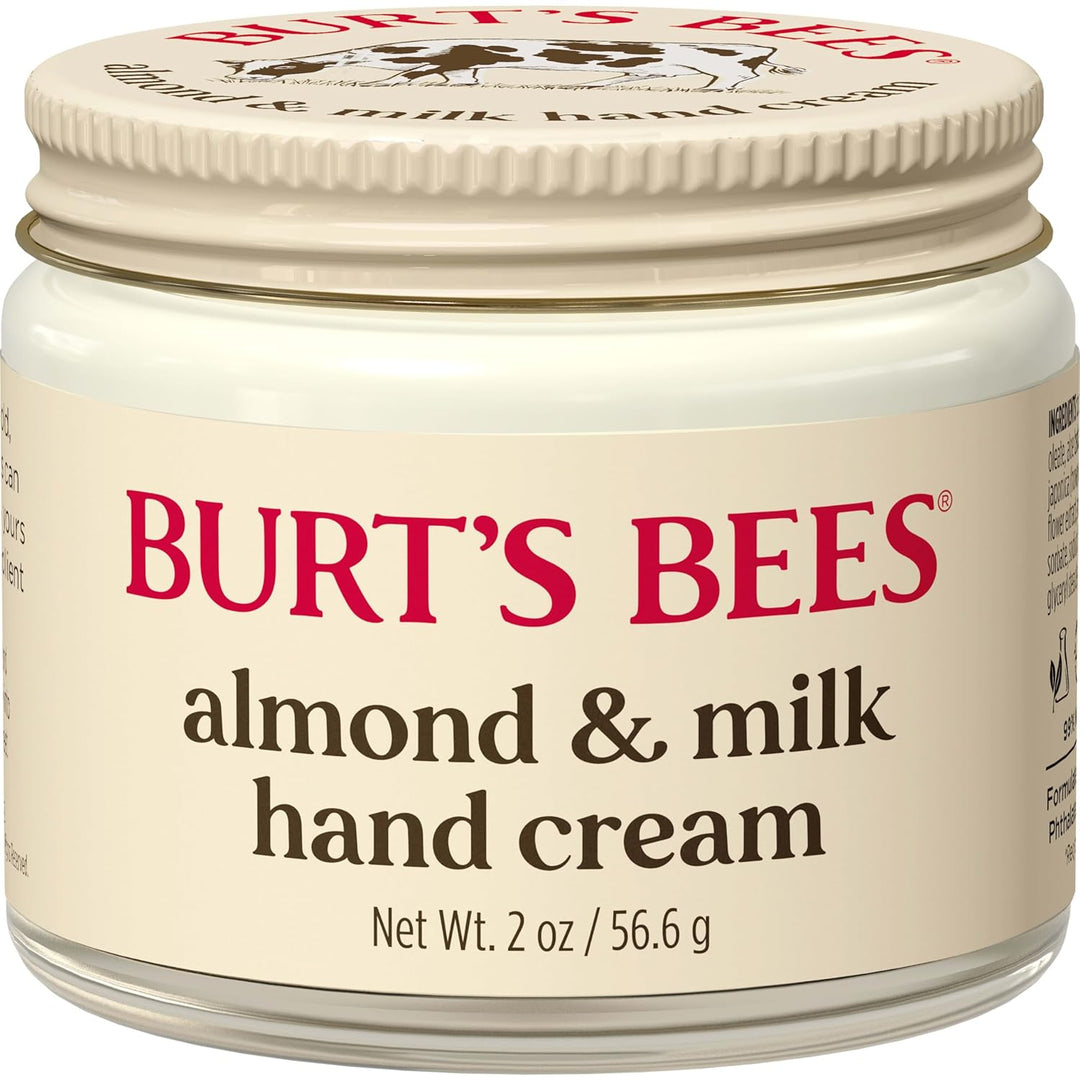 Jar of Burt's Bees almond & milk hand cream on a white background