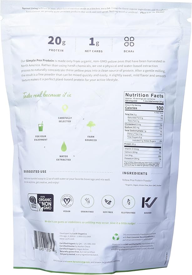 Sprout Living Organic Pea Protein Powder, Plant-Based Protein, Vegan, Non-GMO, Gluten-Free, Dairy-Free, No Artificial Sweeteners,