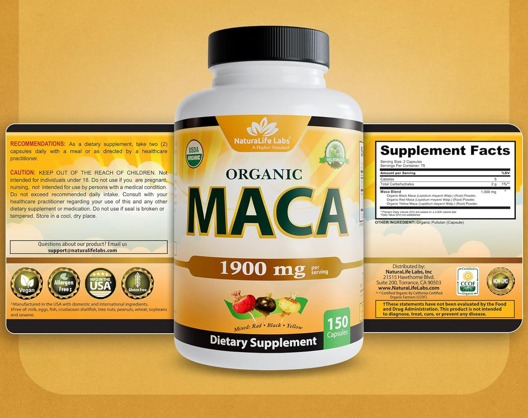 NaturaLife Labs Organic Maca Root 1900mg - Triple Blend Black, Red & Yellow (150 Capsules)