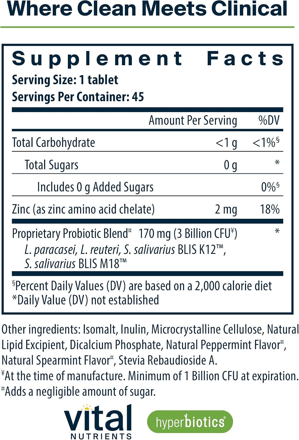 Supplement facts label for a product by Vital Nutrients with hyperbiotics.