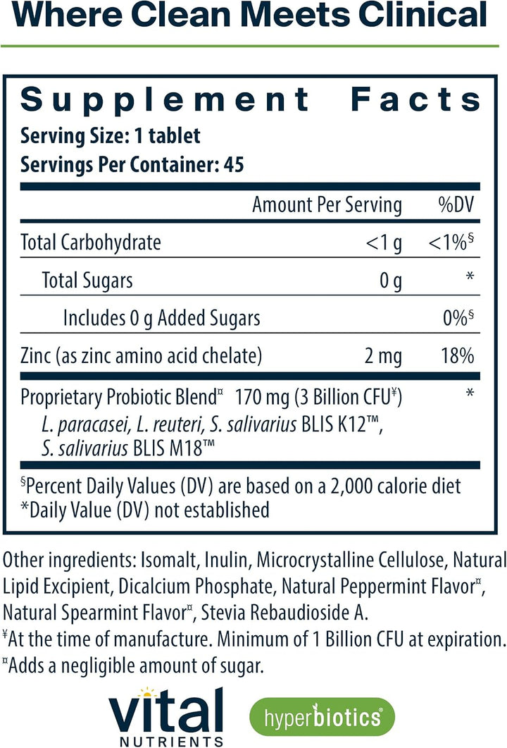 Supplement facts label for a product by Vital Nutrients with hyperbiotics.