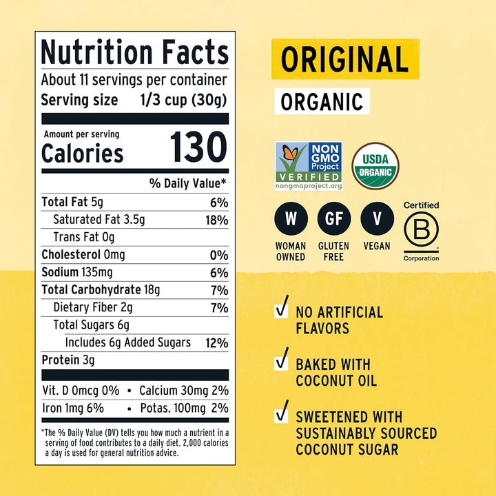 Nutrition facts label and certification logos on a yellow background
