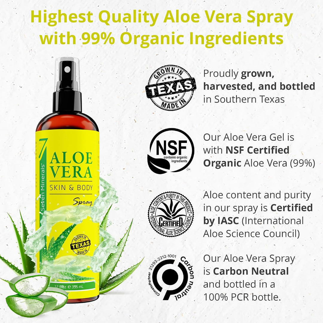 Seven Minerals 99% Pure Organic Aloe Vera Spray for Body and Hair, 12 fl oz