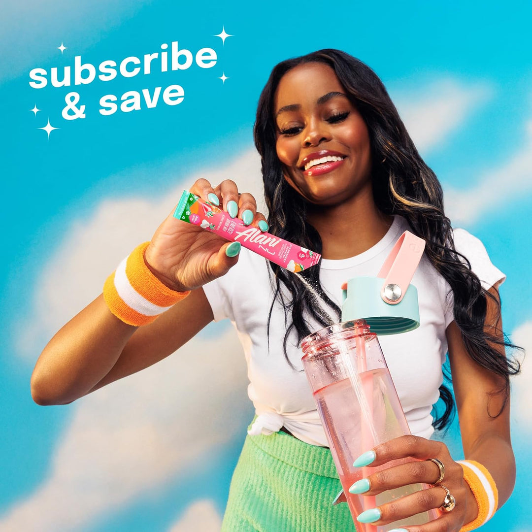 Woman holding a pink water bottle and a colorful product against a blue sky background with 'subscribe & save' text.
