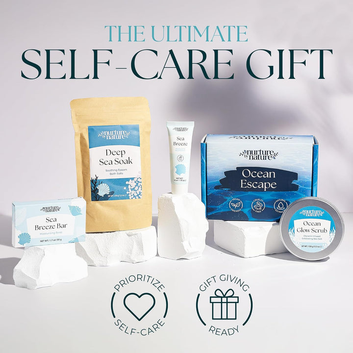 Nurture by Nature Ocean Escape Spa Gift Set for Women – 4-Piece Home Self-Care Kit with Body Scrub, Bath Salts, Soap & Hand Cream – Vegan, Paraben-Free, Cruelty-Free