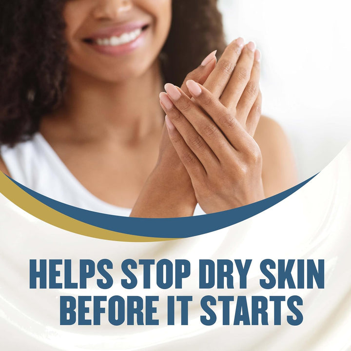 Woman holding her hands with text 'Helps stop dry skin before it starts' on a white background