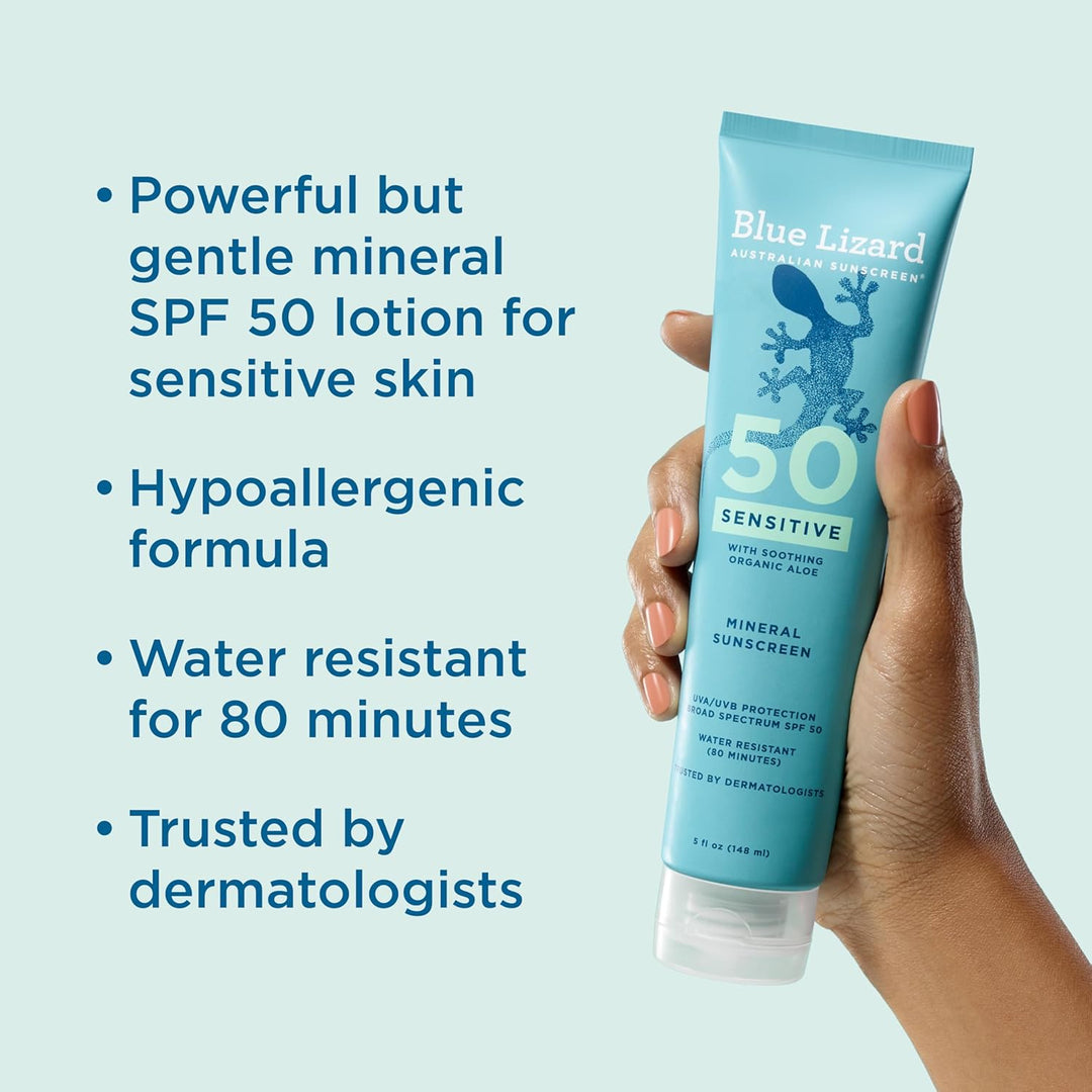 Blue Lizard Sensitive Mineral Sunscreen Lotion SPF 50, 148ml – Zinc Oxide & Aloe Vera, Fragrance-Free