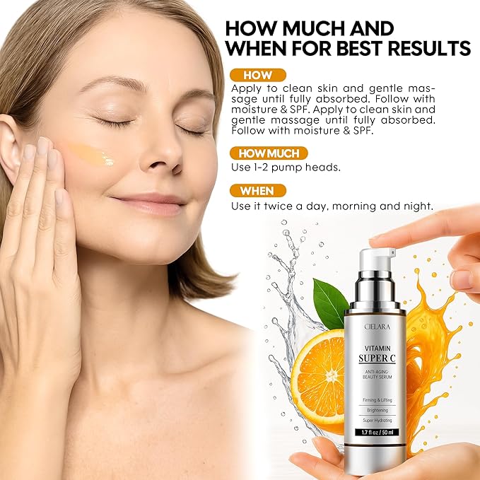 Cielara Brightening & Anti-Aging Vitamin C Serum 50ml – With Hyaluronic Acid, Collagen & Peptides – Helps Improve Skin Tone & Reduce Dark Spots