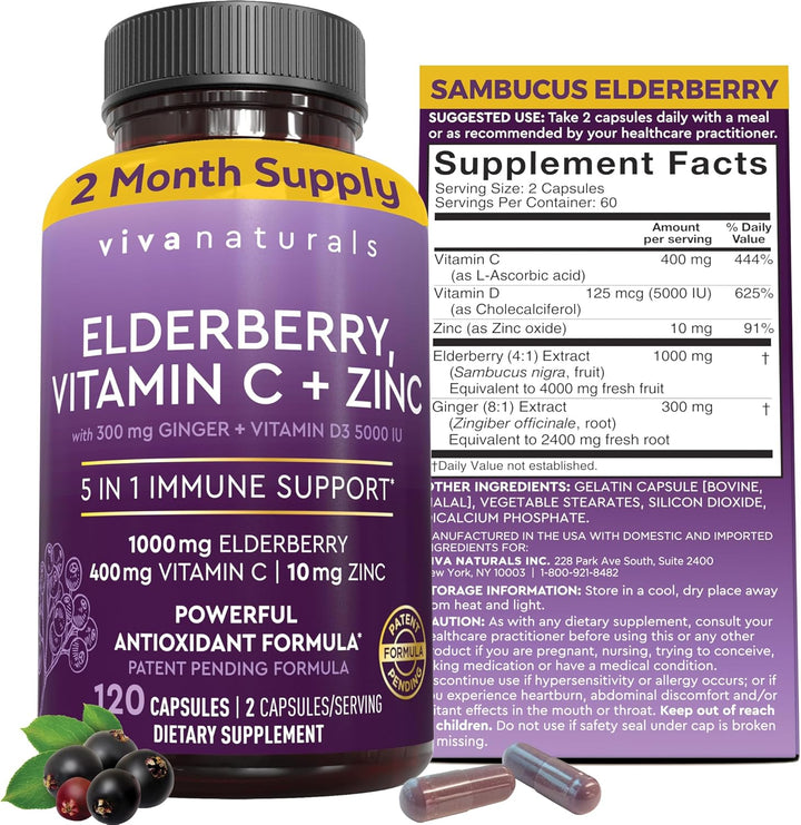 Viva Naturals 5-in-1 Elderberry Supplement with Zinc, Vitamin C & D3 5000 IU (2-Month Supply)