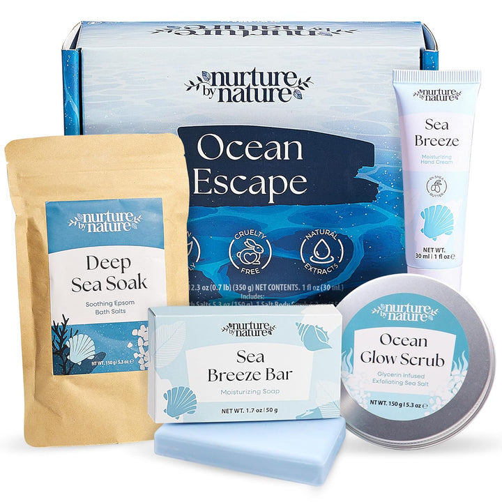 Nurture by Nature Ocean Escape Spa Gift Set for Women – 4-Piece Home Self-Care Kit with Body Scrub, Bath Salts, Soap & Hand Cream – Vegan, Paraben-Free, Cruelty-Free