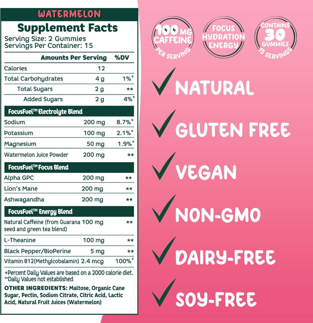 Energy Chews – Watermelon Flavor, 15 Servings, Natural Caffeine, L-Theanine, B12 & Magnesium – Sugar-Free, Portable Energy Supplement