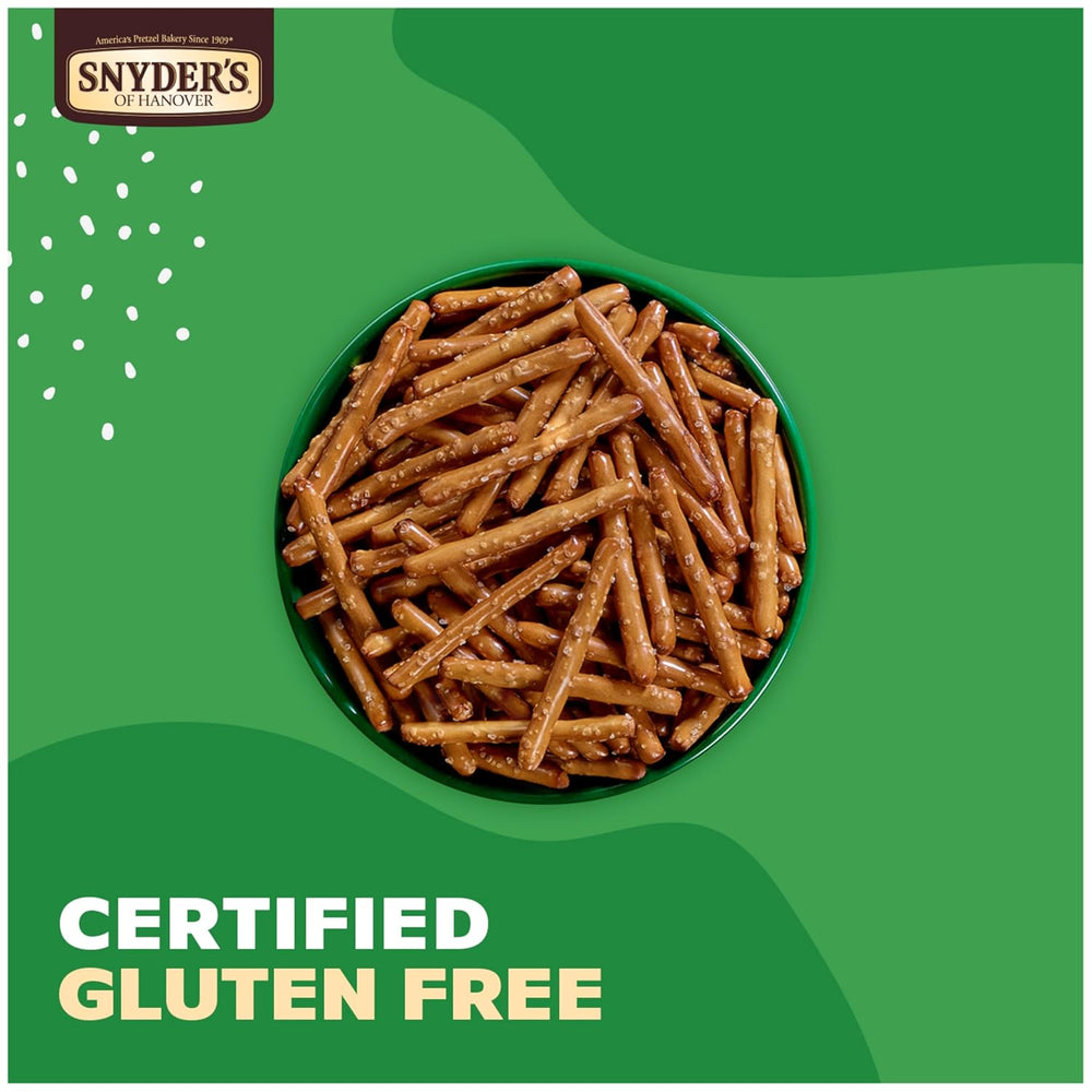 Snyder's of Hanover gluten-free pretzel sticks on a green background with brand logo and certification text.