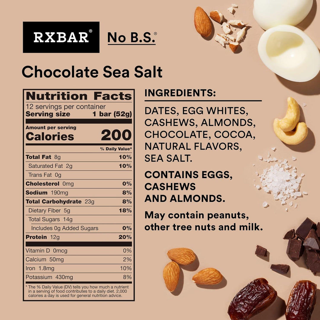 RXBar Chocolate Sea Salt snack bar packaging with nutrition facts and ingredients listed.