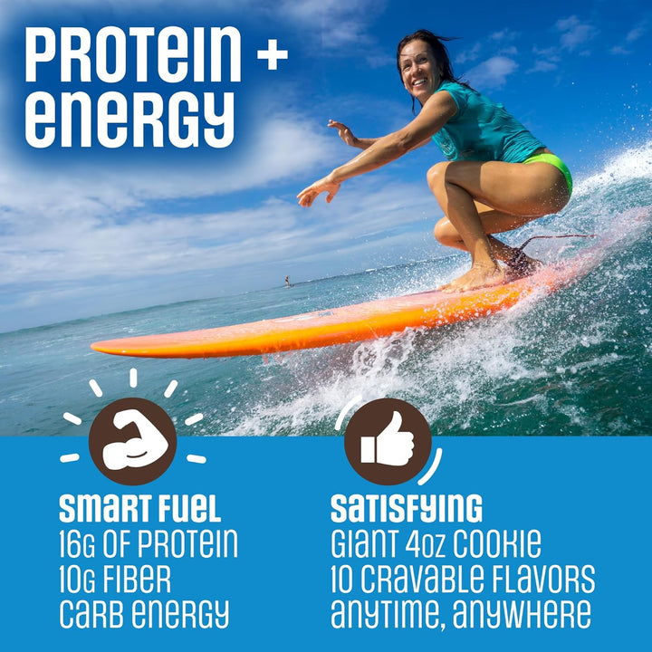 Promotional graphic for a protein powder product featuring a woman crouching on an orange surfboard in the ocean under a blue sky. Large text reads 'PROTEIN + energy' and includes product claims like 'Smart Fuel' and 'Satisfying' with icons and flavor details.