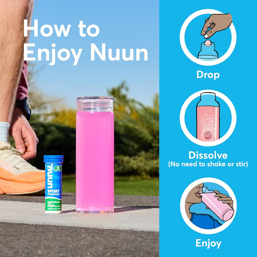 Instructions on how to use Nuun sports drink mix with a pink bottle outdoors.