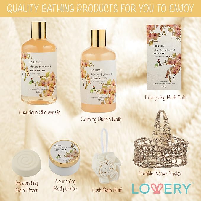 Lovery Luxury Home Spa Gift Basket for Women – Honey & Almond Scent, Bath & Body Set with Shower Gel, Bubble Bath, Lotion, Bath Salts, Bath Bomb & Bath Puff, Paraben-Free, Cruelty-Free