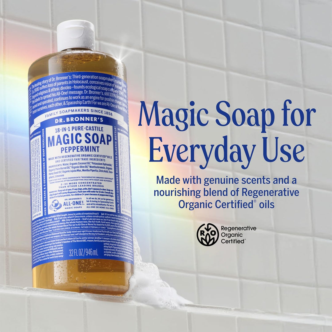 Dr. Bronner's Peppermint Pure-Castile Liquid Soap, Multi-Use Cleanser, 32 oz