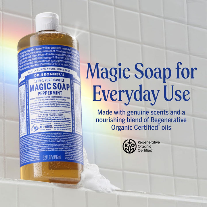 Dr. Bronner's Peppermint Pure-Castile Liquid Soap, Multi-Use Cleanser, 32 oz